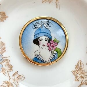 Vintage French Cameo Flapper Woman Hand Painted Brooch Pin Limoges France
